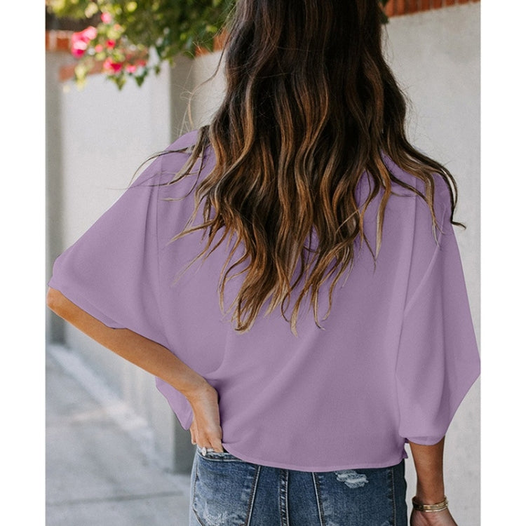 Solid Color Loose V-neck Bat Sleeve Short-sleeved T-shirt For Women