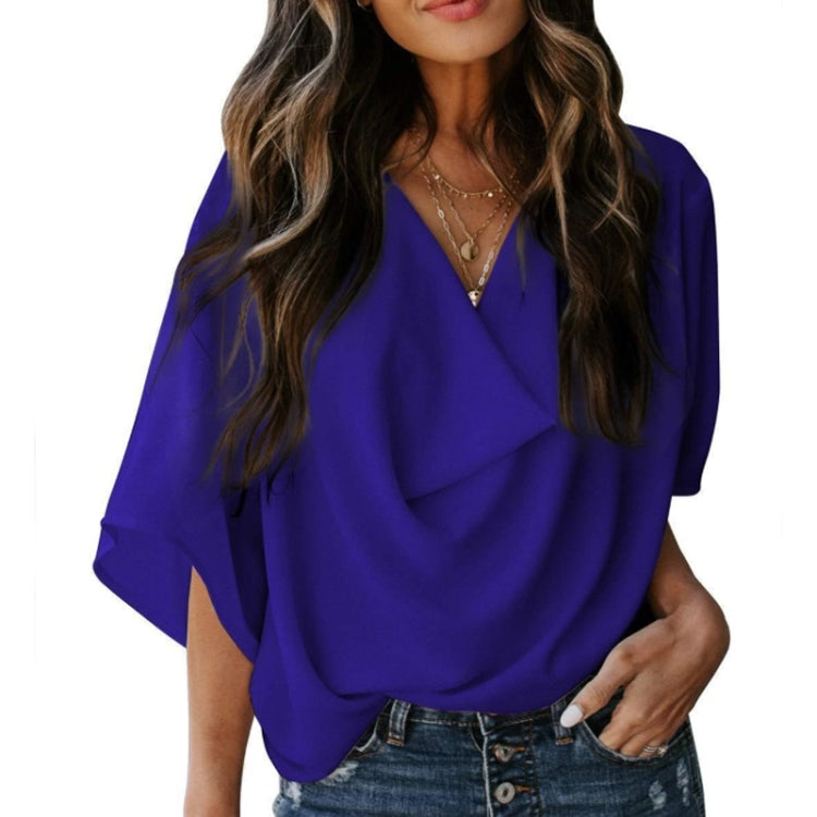 Solid Color Loose V-neck Bat Sleeve Short-sleeved T-shirt For Women