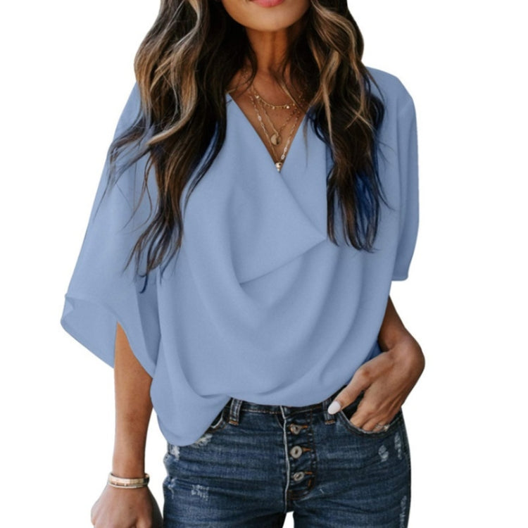 Solid Color Loose V-neck Bat Sleeve Short-sleeved T-shirt For Women