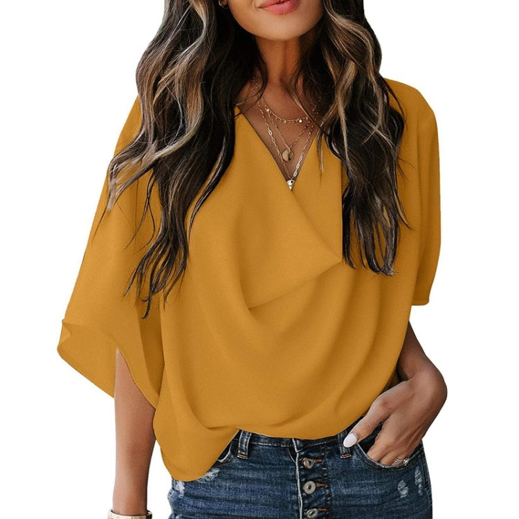 Solid Color Loose V-neck Bat Sleeve Short-sleeved T-shirt For Women
