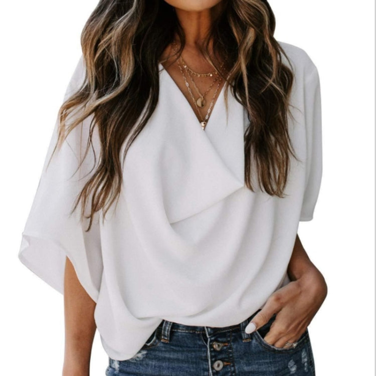 Solid Color Loose V-neck Bat Sleeve Short-sleeved T-shirt For Women