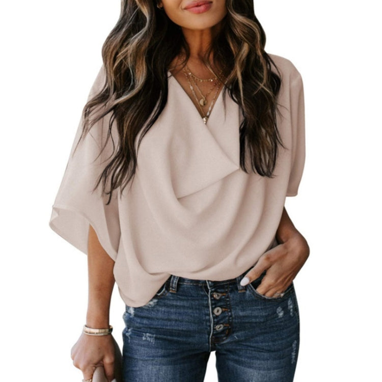 Solid Color Loose V-neck Bat Sleeve Short-sleeved T-shirt For Women