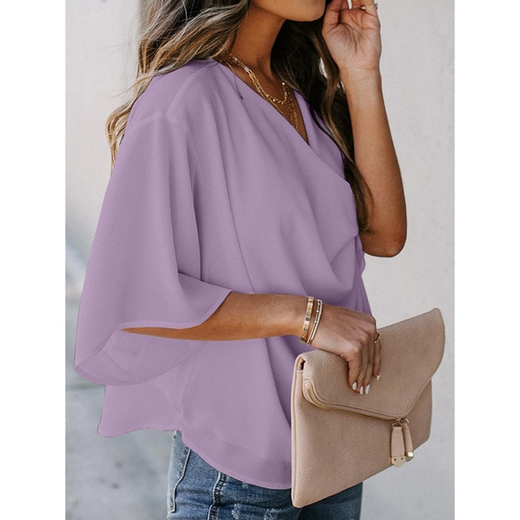 Solid Color Loose V-neck Bat Sleeve Short-sleeved T-shirt For Women