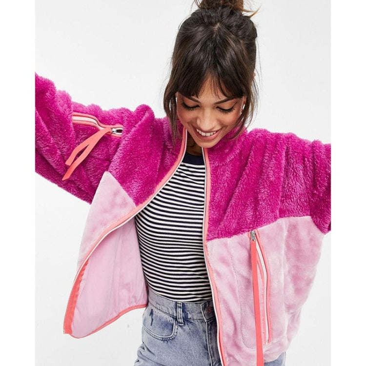 Stand-up Collar Color-blocking Double-sided Velvet Zipper Coat With Pockets for Ladies