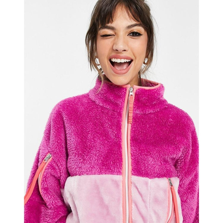 Stand-up Collar Color-blocking Double-sided Velvet Zipper Coat With Pockets for Ladies
