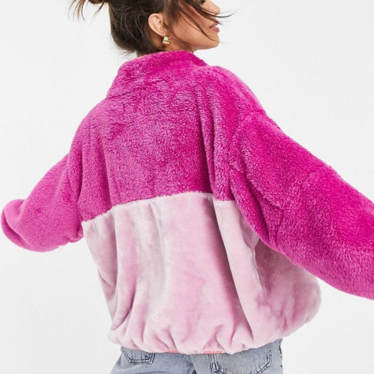 Stand-up Collar Color-blocking Double-sided Velvet Zipper Coat With Pockets for Ladies