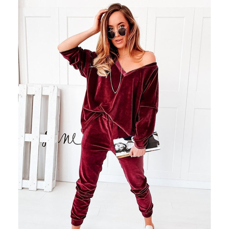2 in 1 Pure Color Golden Velvet V-neck Long Sleeve Top + Pants Casual Set for Ladies
