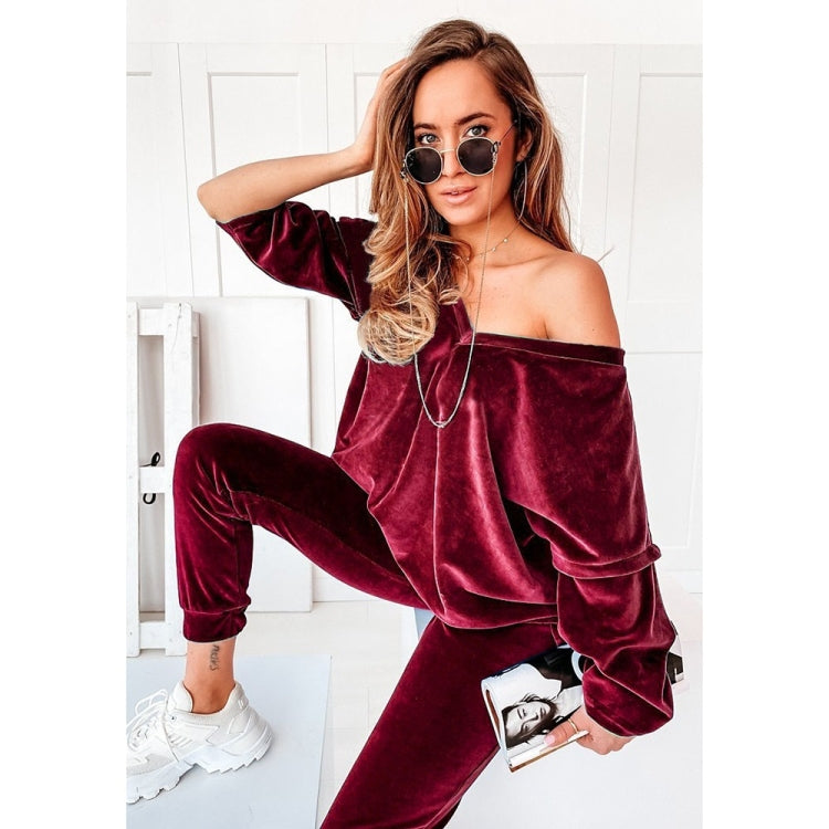 2 in 1 Pure Color Golden Velvet V-neck Long Sleeve Top + Pants Casual Set for Ladies