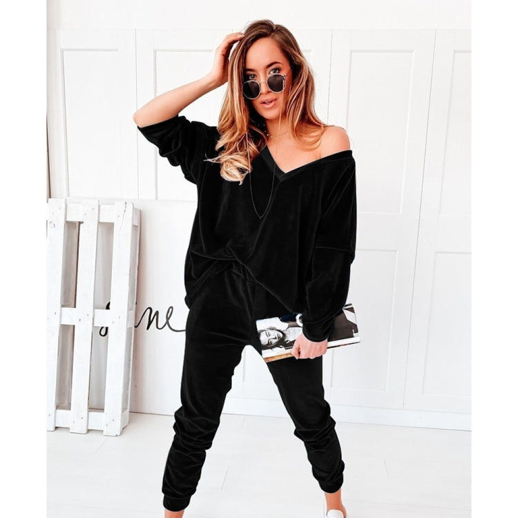 2 in 1 Pure Color Golden Velvet V-neck Long Sleeve Top + Pants Casual Set for Ladies