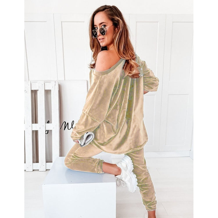 2 in 1 Pure Color Golden Velvet V-neck Long Sleeve Top + Pants Casual Set for Ladies