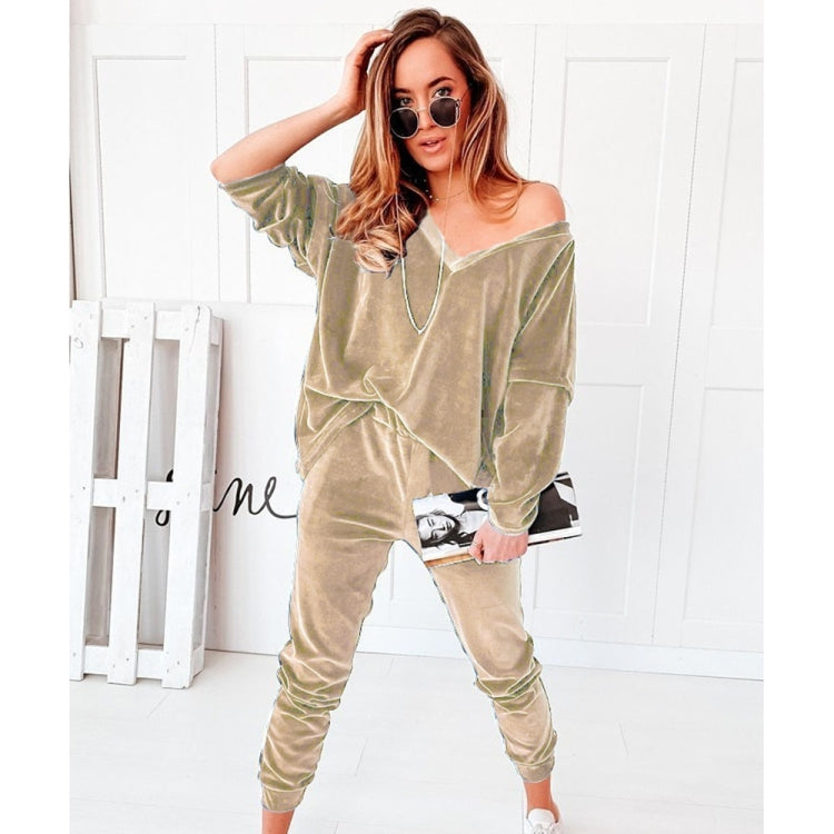 2 in 1 Pure Color Golden Velvet V-neck Long Sleeve Top + Pants Casual Set for Ladies