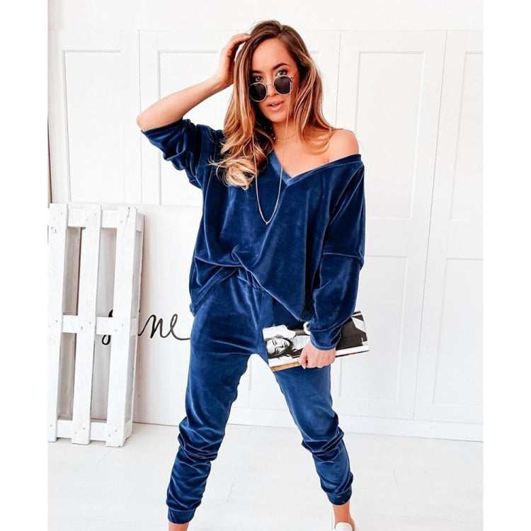 2 in 1 Pure Color Golden Velvet V-neck Long Sleeve Top + Pants Casual Set for Ladies
