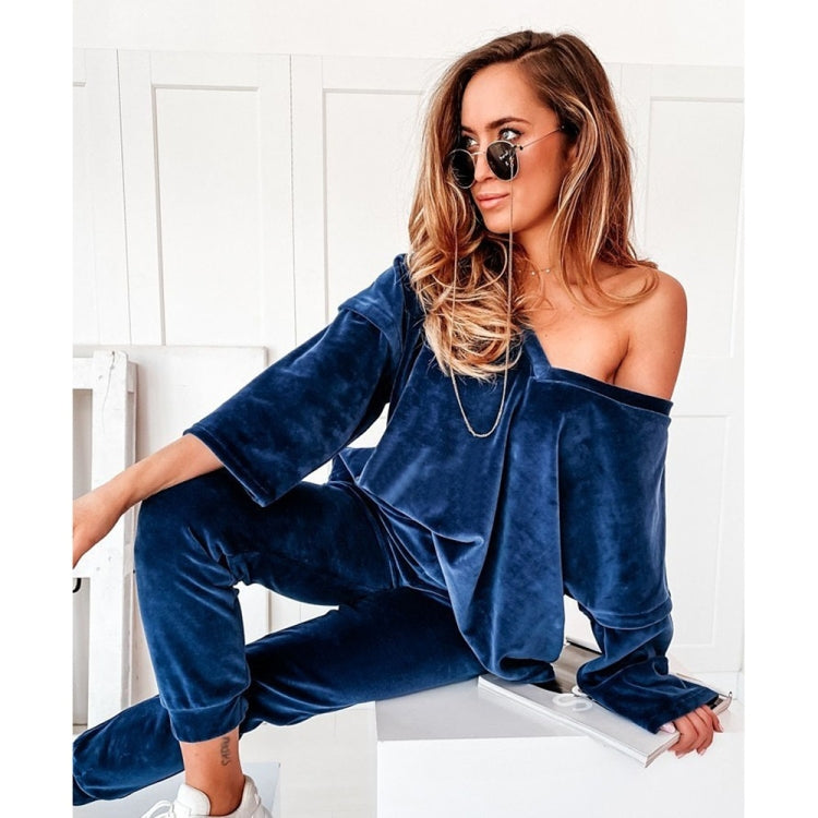 2 in 1 Pure Color Golden Velvet V-neck Long Sleeve Top + Pants Casual Set for Ladies