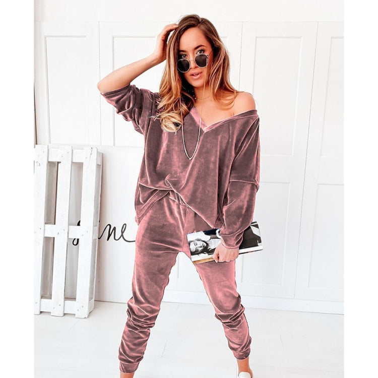2 in 1 Pure Color Golden Velvet V-neck Long Sleeve Top + Pants Casual Set for Ladies