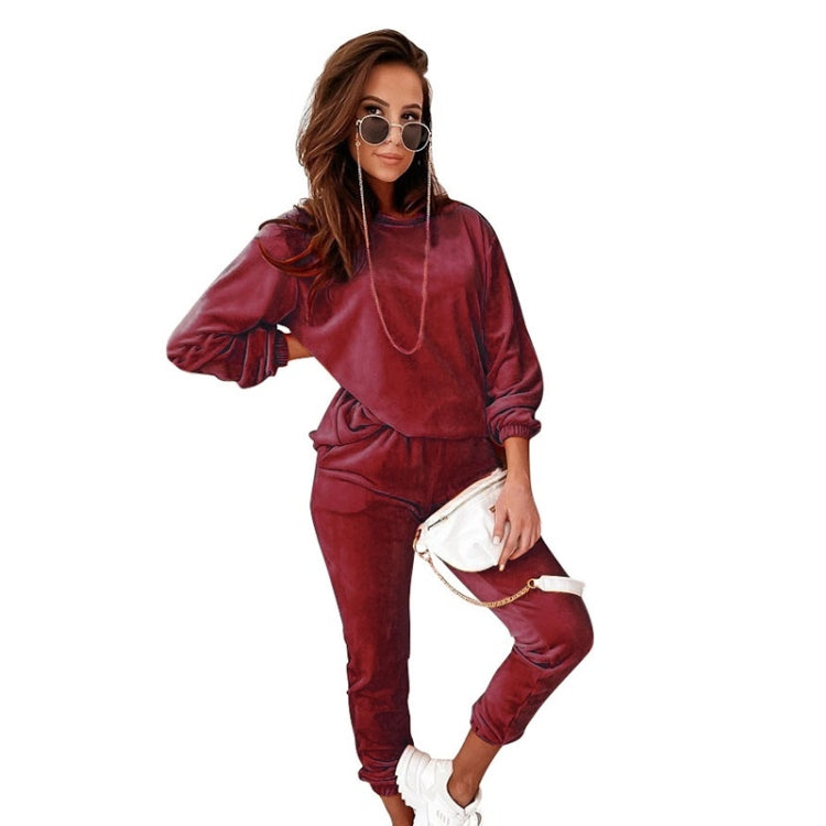 2 in 1 Pure Color Golden Velvet Round Neck Long Sleeve Top + Long Pants Casual Set for Ladies