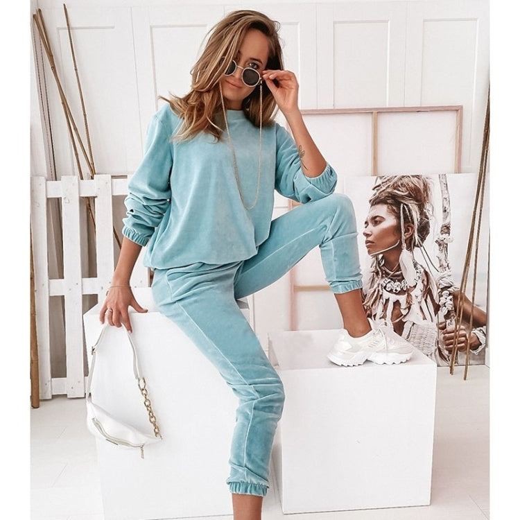 2 in 1 Pure Color Golden Velvet Round Neck Long Sleeve Top + Long Pants Casual Set for Ladies