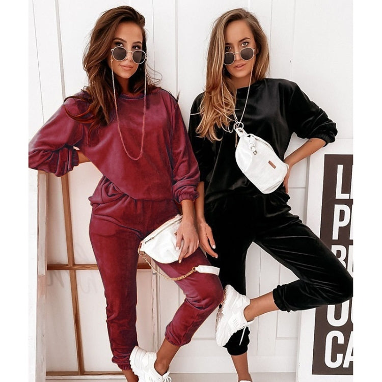 2 in 1 Pure Color Golden Velvet Round Neck Long Sleeve Top + Long Pants Casual Set for Ladies