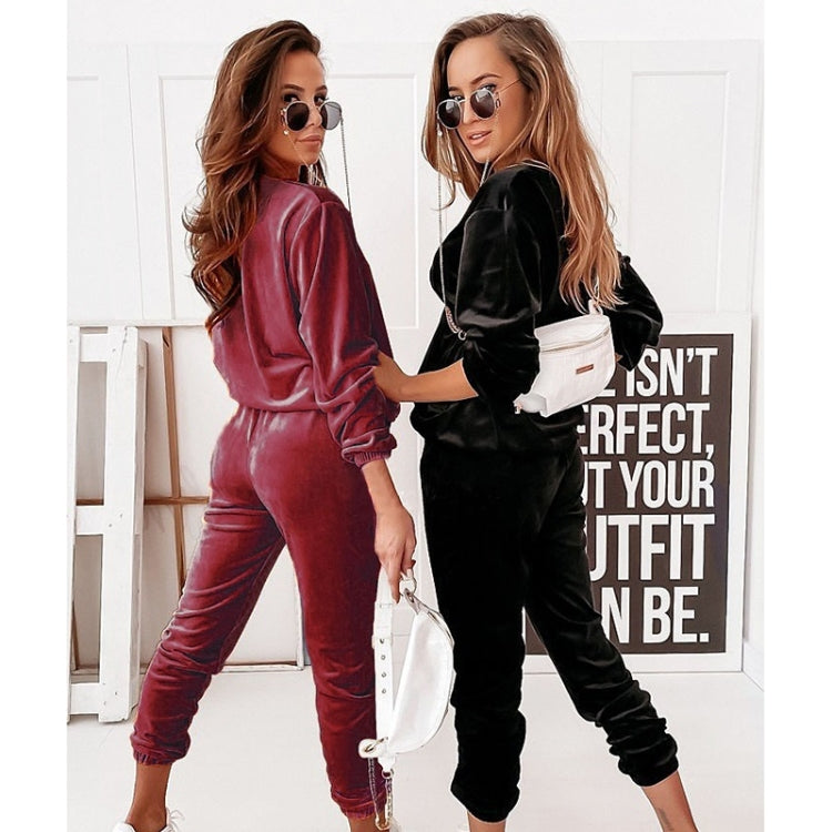2 in 1 Pure Color Golden Velvet Round Neck Long Sleeve Top + Long Pants Casual Set for Ladies