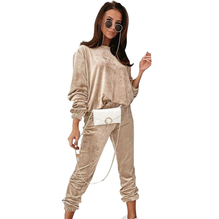 2 in 1 Pure Color Golden Velvet Round Neck Long Sleeve Top + Long Pants Casual Set for Ladies