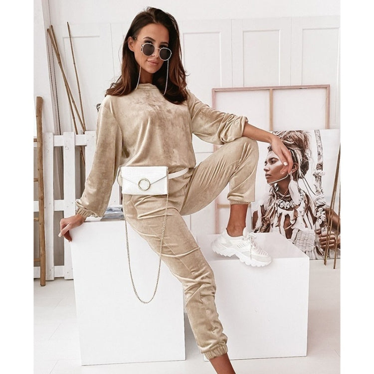 2 in 1 Pure Color Golden Velvet Round Neck Long Sleeve Top + Long Pants Casual Set for Ladies