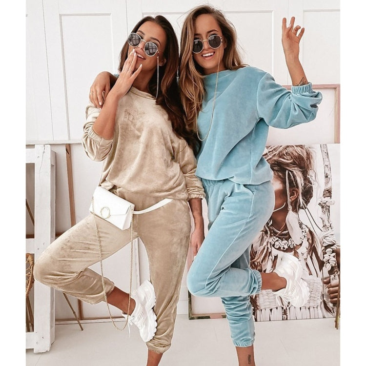 2 in 1 Pure Color Golden Velvet Round Neck Long Sleeve Top + Long Pants Casual Set for Ladies