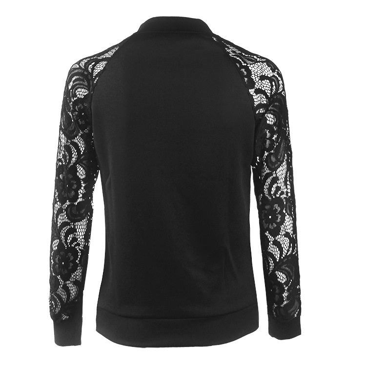Solid Color Lace Hollow Long-sleeved Zipper Coat Jacket for Women