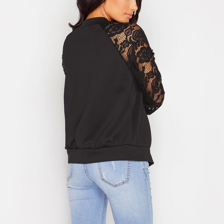 Solid Color Lace Hollow Long-sleeved Zipper Coat Jacket for Women