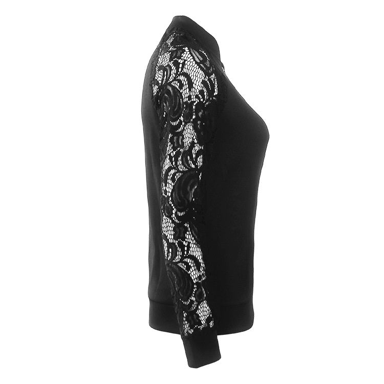 Solid Color Lace Hollow Long-sleeved Zipper Coat Jacket for Women