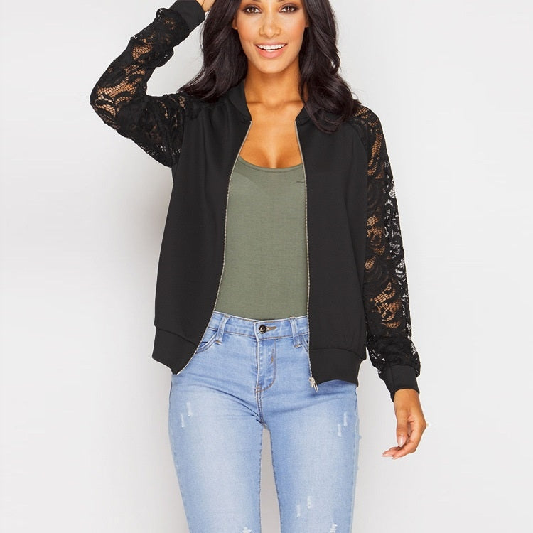 Solid Color Lace Hollow Long-sleeved Zipper Coat Jacket for Women