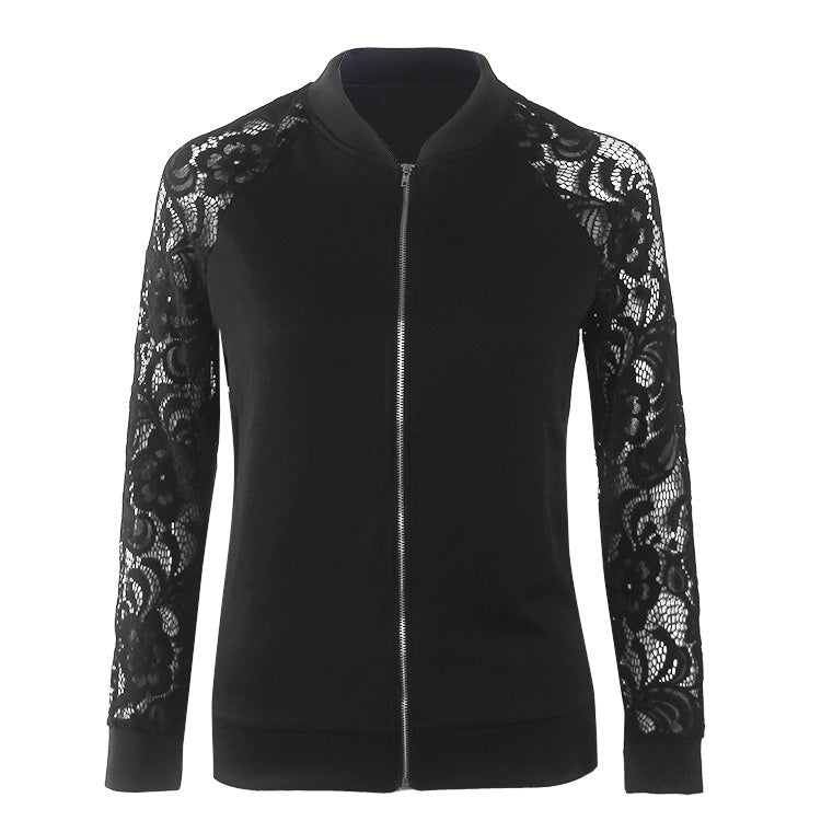 Solid Color Lace Hollow Long-sleeved Zipper Coat Jacket for Women