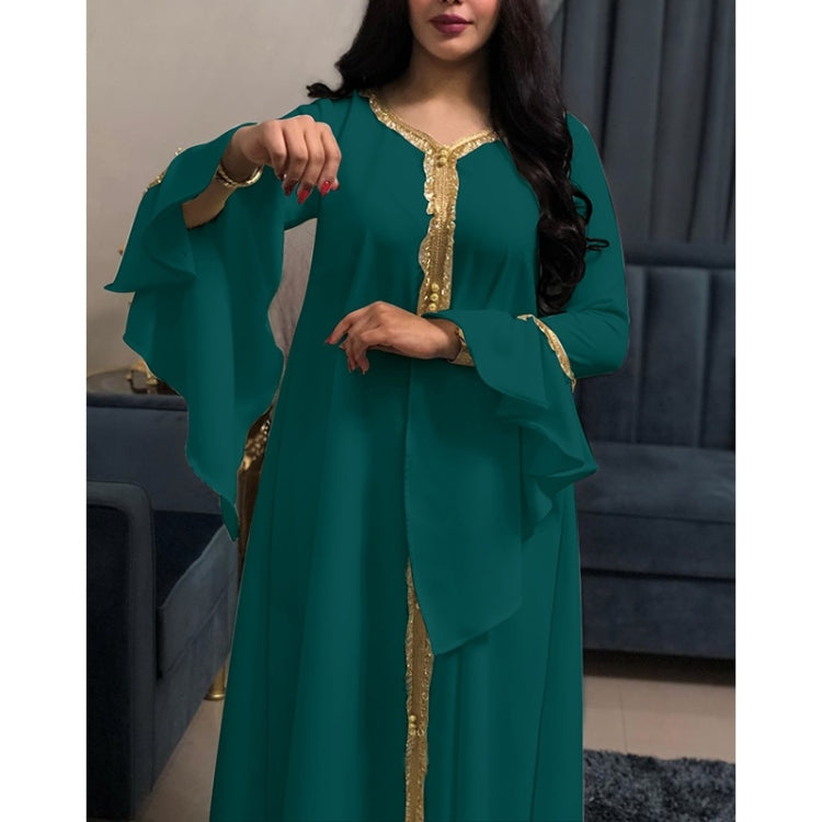 Women Ruffle Sleeve Embroidered Gold Lace Dress
