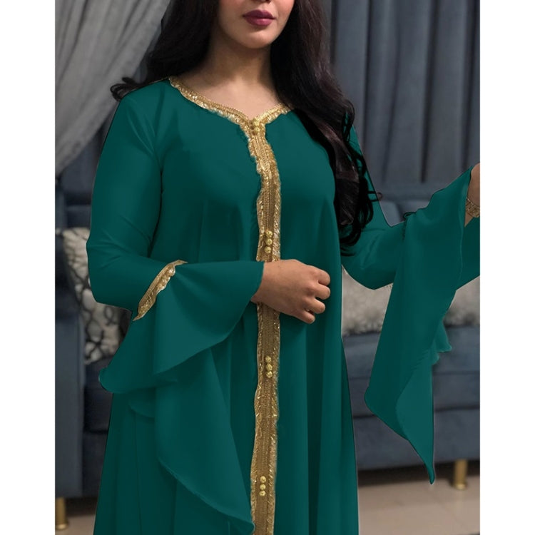 Women Ruffle Sleeve Embroidered Gold Lace Dress
