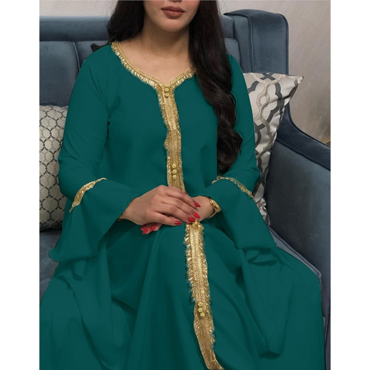 Women Ruffle Sleeve Embroidered Gold Lace Dress