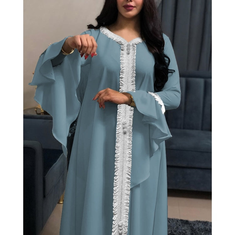 Women Ruffle Sleeve Embroidered Gold Lace Dress
