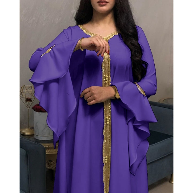 Women Ruffle Sleeve Embroidered Gold Lace Dress