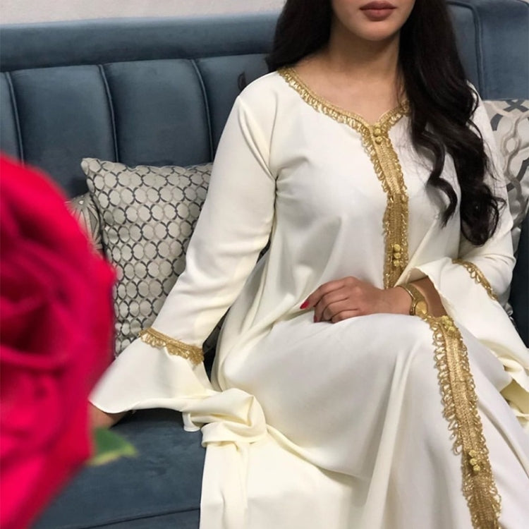 Women Ruffle Sleeve Embroidered Gold Lace Dress