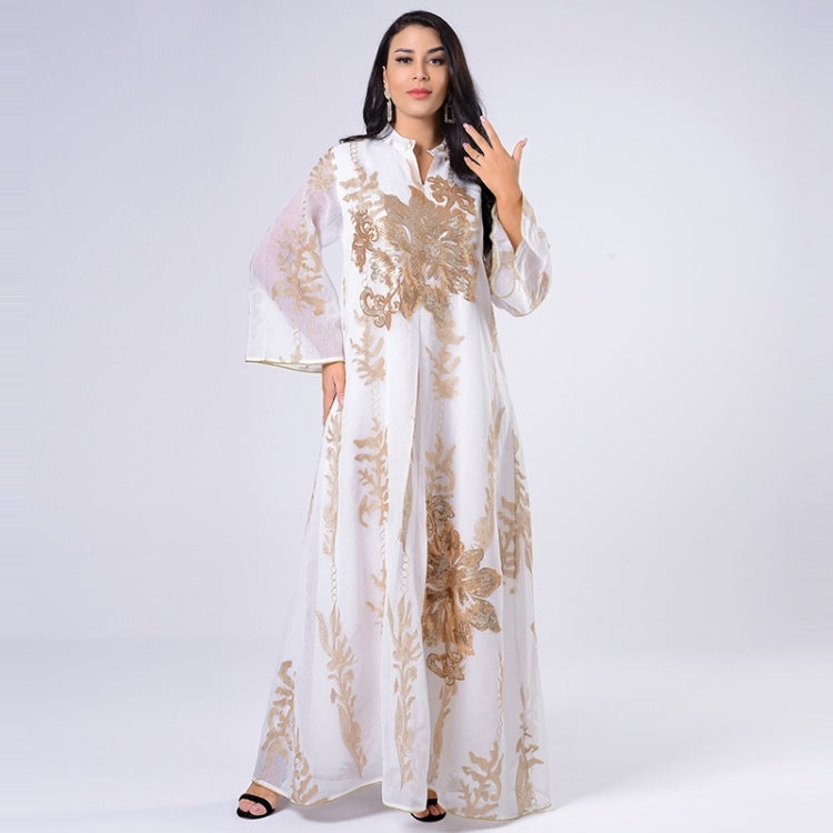 Women Gold Sequin Embroidered Stand Collar Dress