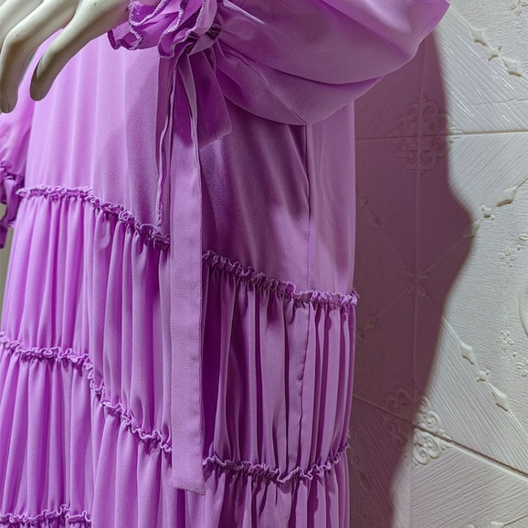 Women Long Sleeve Solid Color Chiffon Dress