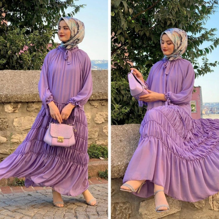 Women Long Sleeve Solid Color Chiffon Dress