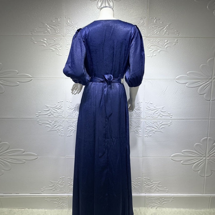 Women Solid Color Diamond-studded Waist Puff Sleeve Dress