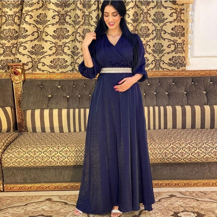 Women Solid Color Diamond-studded Waist Puff Sleeve Dress