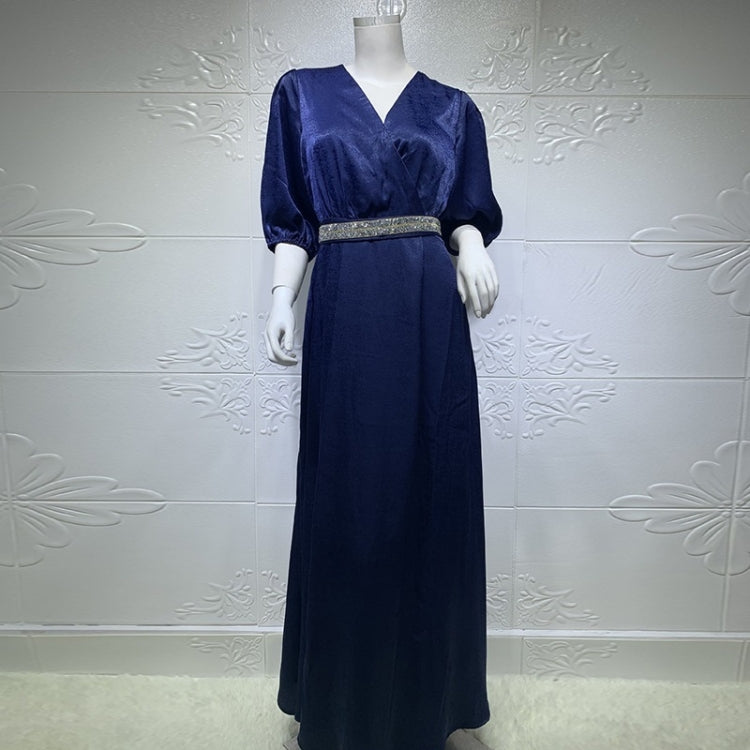 Women Solid Color Diamond-studded Waist Puff Sleeve Dress
