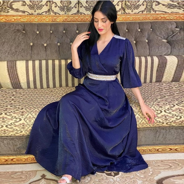 Women Solid Color Diamond-studded Waist Puff Sleeve Dress