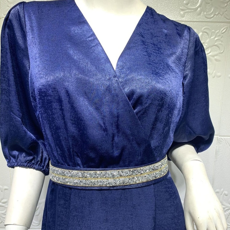 Women Solid Color Diamond-studded Waist Puff Sleeve Dress