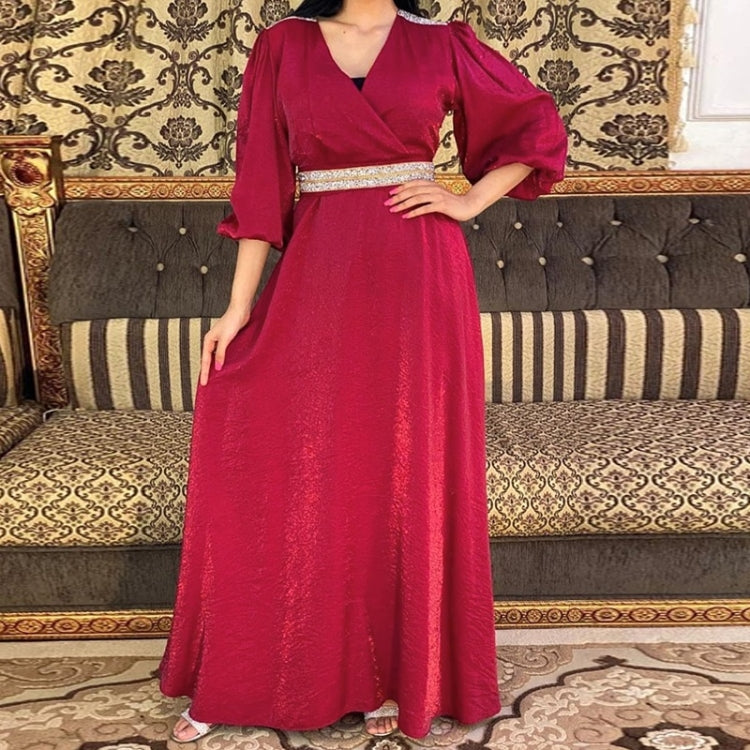 Women Solid Color Diamond-studded Waist Puff Sleeve Dress