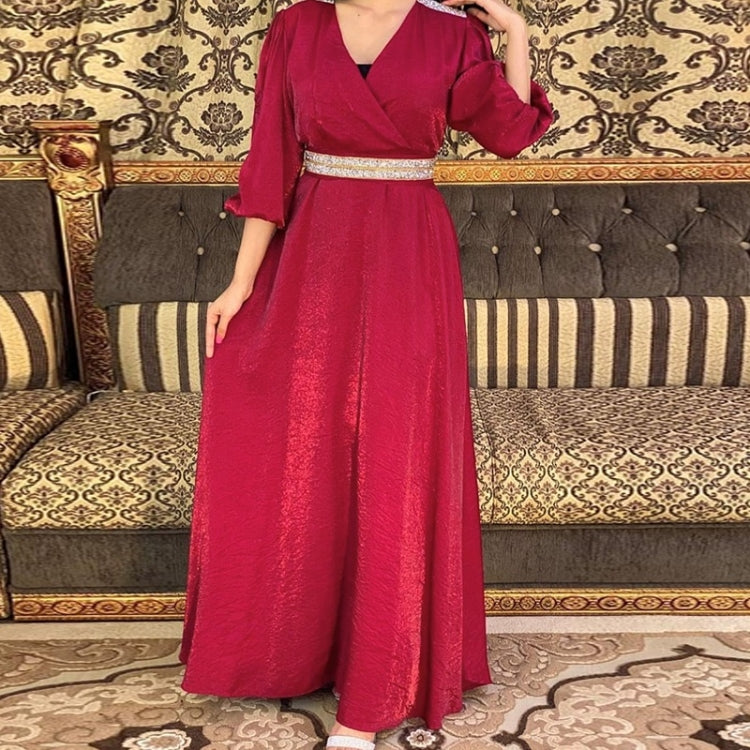 Women Solid Color Diamond-studded Waist Puff Sleeve Dress