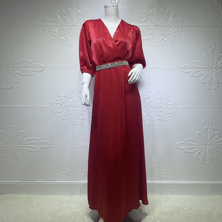 Women Solid Color Diamond-studded Waist Puff Sleeve Dress