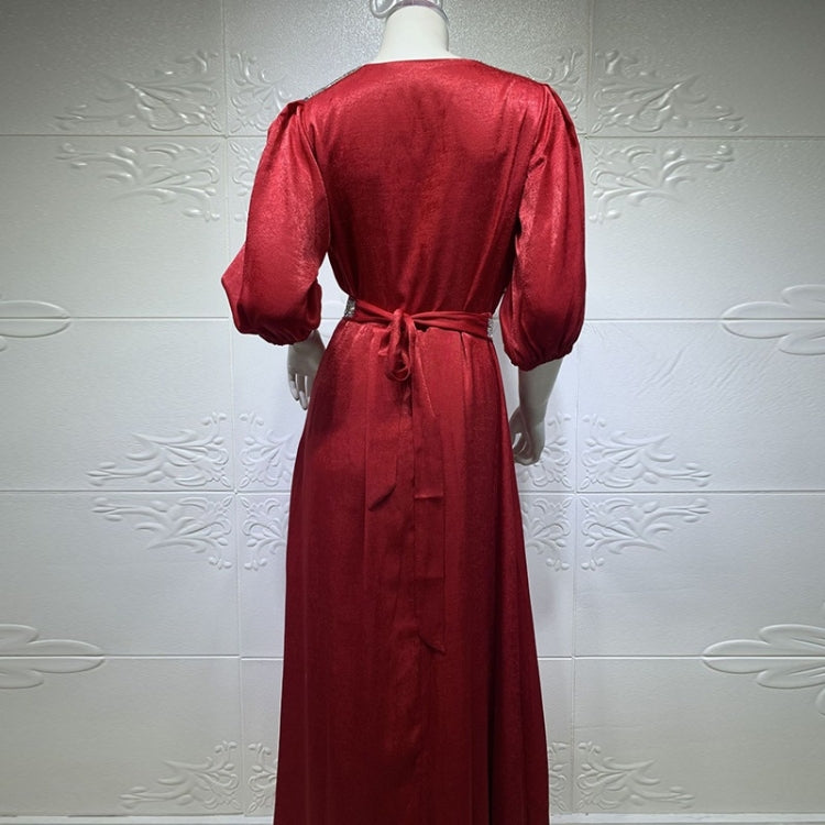 Women Solid Color Diamond-studded Waist Puff Sleeve Dress