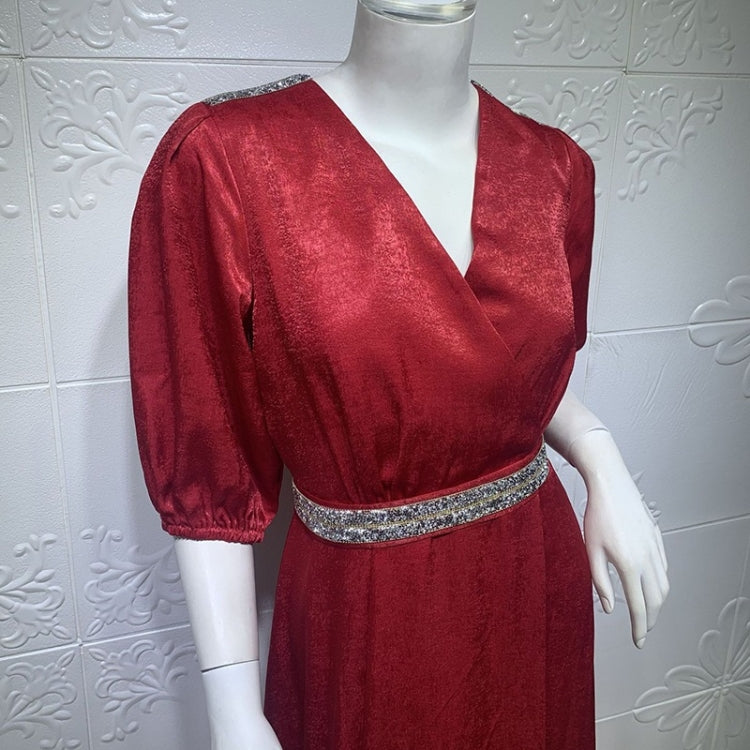 Women Solid Color Diamond-studded Waist Puff Sleeve Dress