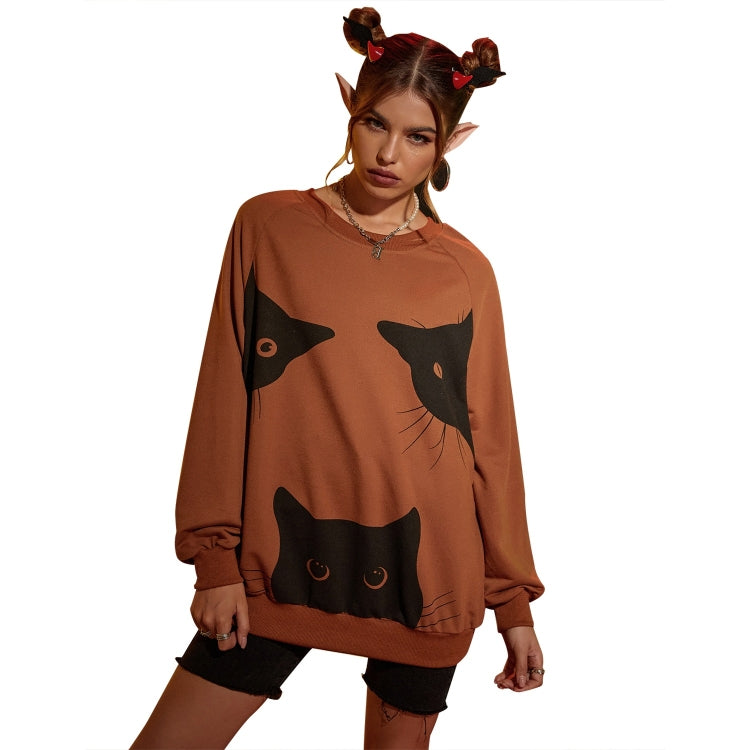 Halloween Personalized Cat Print Round Neck Long Sleeve Casual Sweatshirt for Women